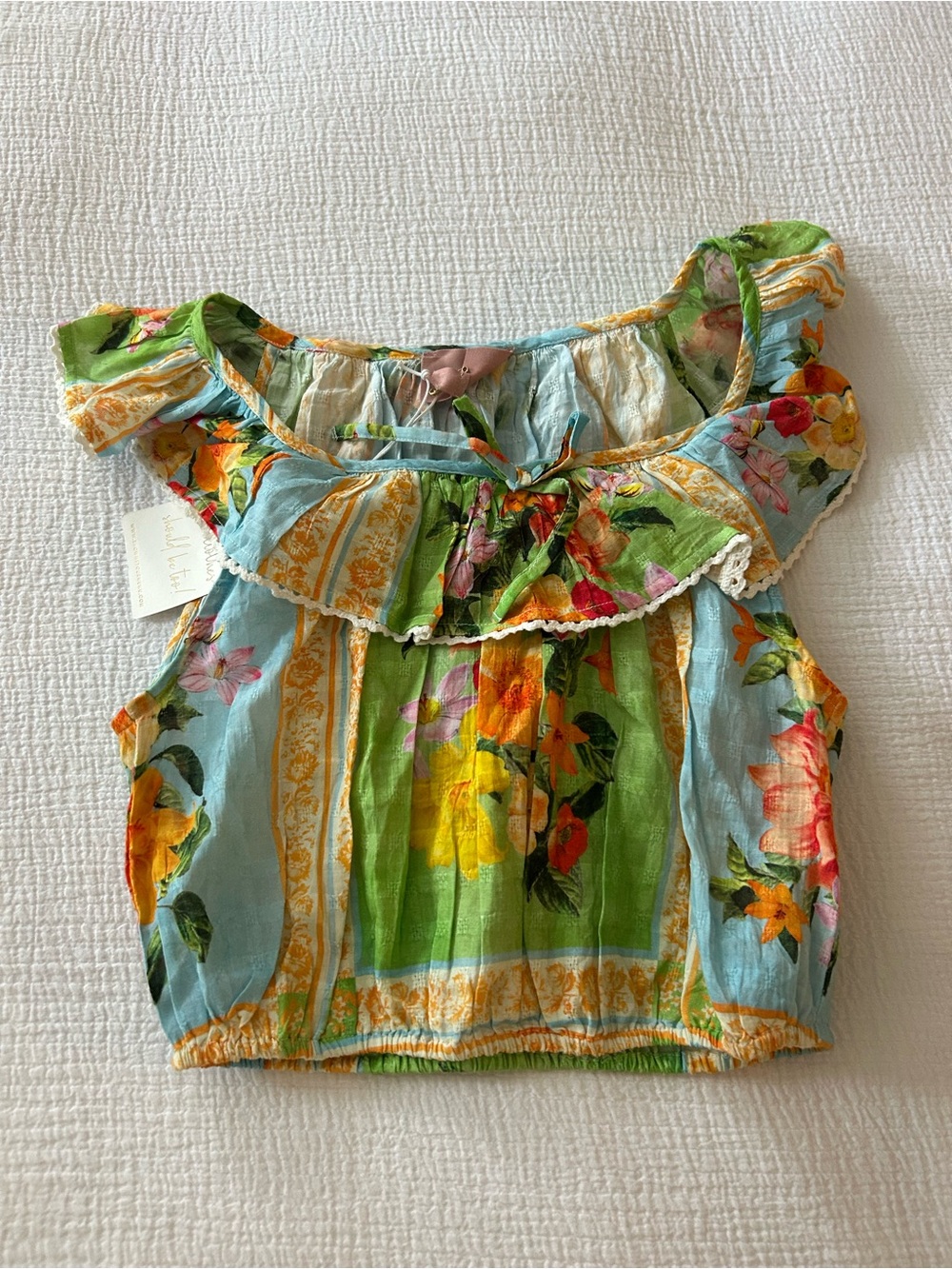Show Me Your MuMu Floral Off-Shoulder Crop Top - Blue, Green, Yellow